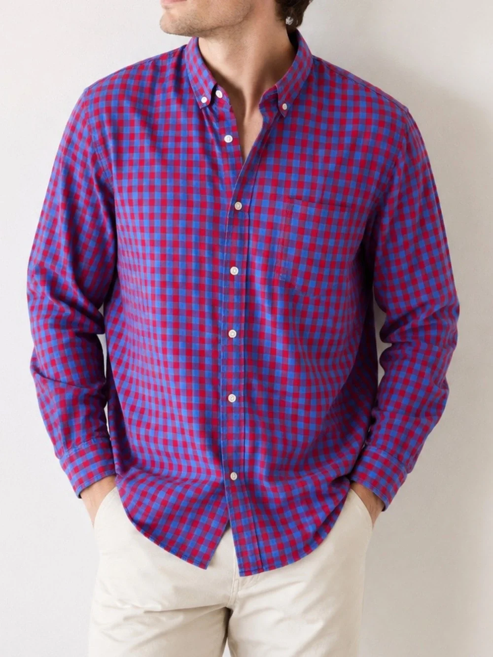 J.Crew Tailored Gingham Check Button Down Shirt Red Blue 100% Cotton Size L